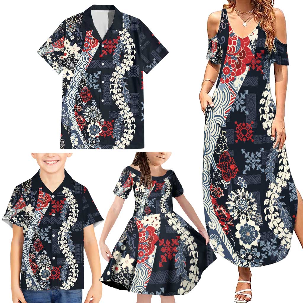 Hawaii Puakenikeni and Maile Lei Family Matching Summer Maxi Dress and Hawaiian Shirt Navy Blue Japanese Wave Style - Polynesian Pride