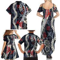 Hawaii Puakenikeni and Maile Lei Family Matching Summer Maxi Dress and Hawaiian Shirt Navy Blue Japanese Wave Style - Polynesian Pride