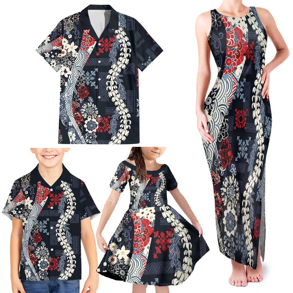 Hawaii Puakenikeni and Maile Lei Family Matching Tank Maxi Dress and Hawaiian Shirt Navy Blue Japanese Wave Style - Polynesian Pride