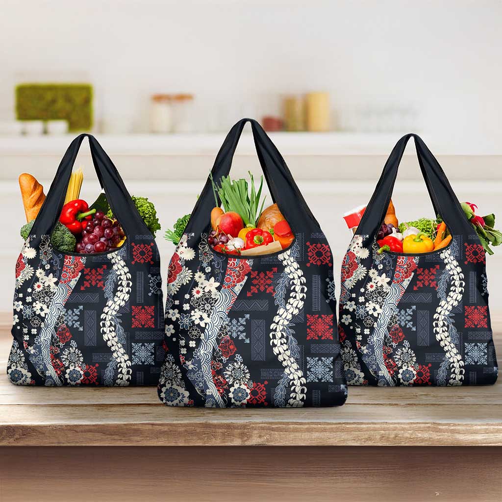 Hawaii Puakenikeni and Maile Lei Grocery Bag Navy Blue Japanese Wave Style LT9 3-pack One Size Navy Blue - Polynesian Pride