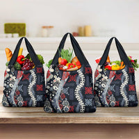 Hawaii Puakenikeni and Maile Lei Grocery Bag Navy Blue Japanese Wave Style LT9 3-pack One Size Navy Blue - Polynesian Pride