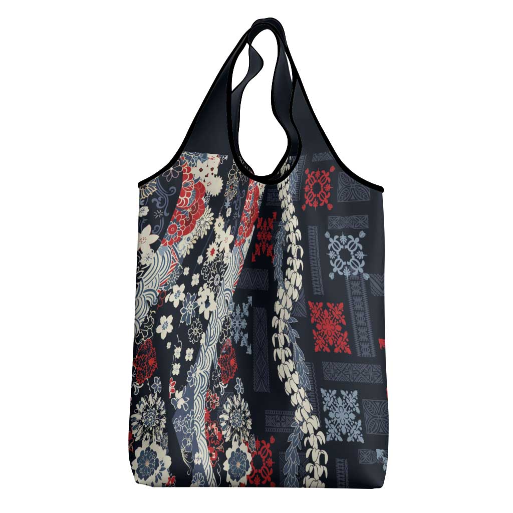 Hawaii Puakenikeni and Maile Lei Grocery Bag Navy Blue Japanese Wave Style LT9 - Polynesian Pride