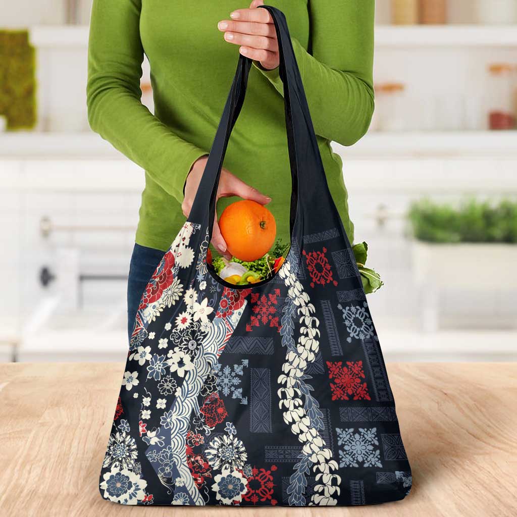 Hawaii Puakenikeni and Maile Lei Grocery Bag Navy Blue Japanese Wave Style LT9 - Polynesian Pride