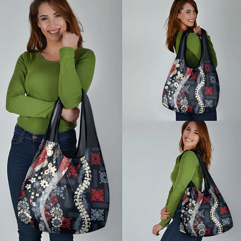 Hawaii Puakenikeni and Maile Lei Grocery Bag Navy Blue Japanese Wave Style LT9 - Polynesian Pride