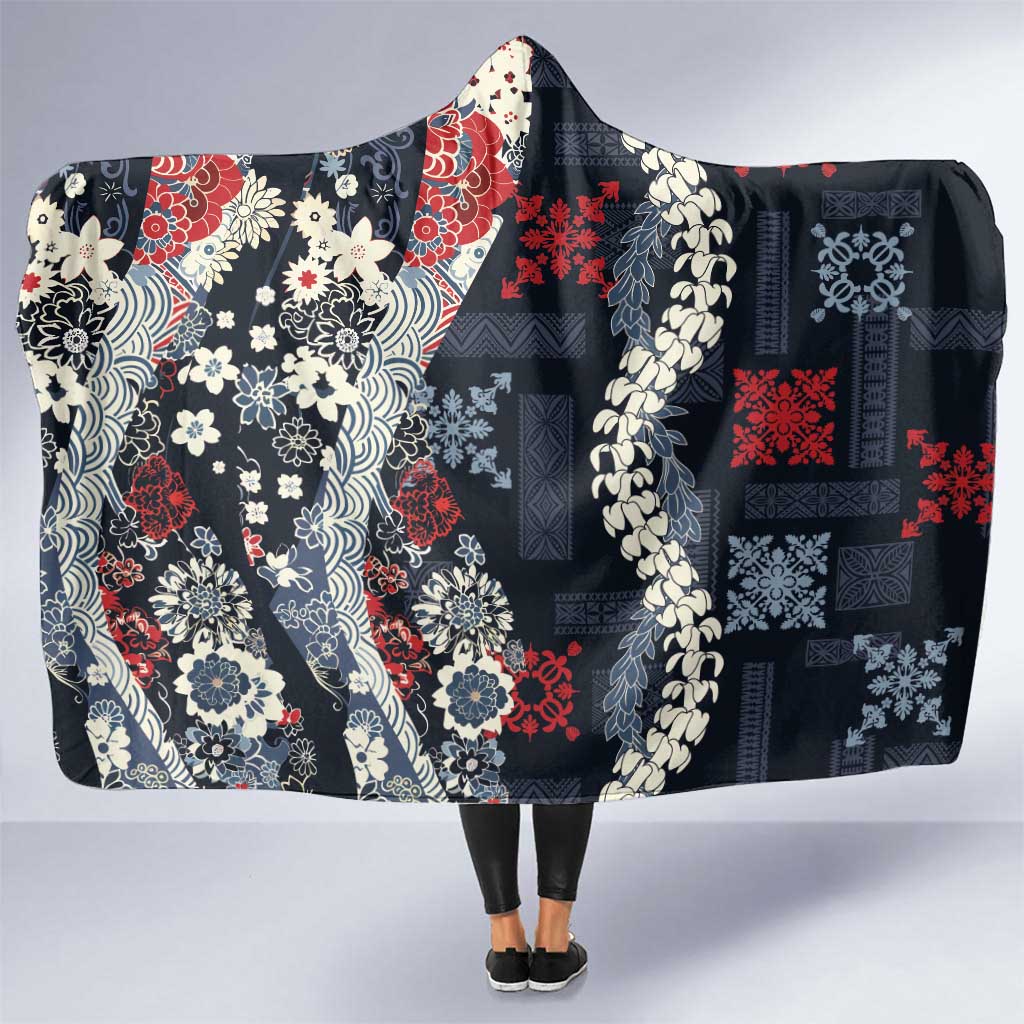 Hawaii Puakenikeni and Maile Lei Hooded Blanket Navy Blue Japanese Wave Style - Polynesian Pride