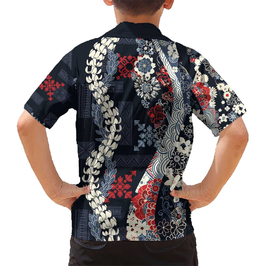 Hawaii Puakenikeni and Maile Lei Kid Hawaiian Shirt Navy Blue Japanese Wave Style - Polynesian Pride