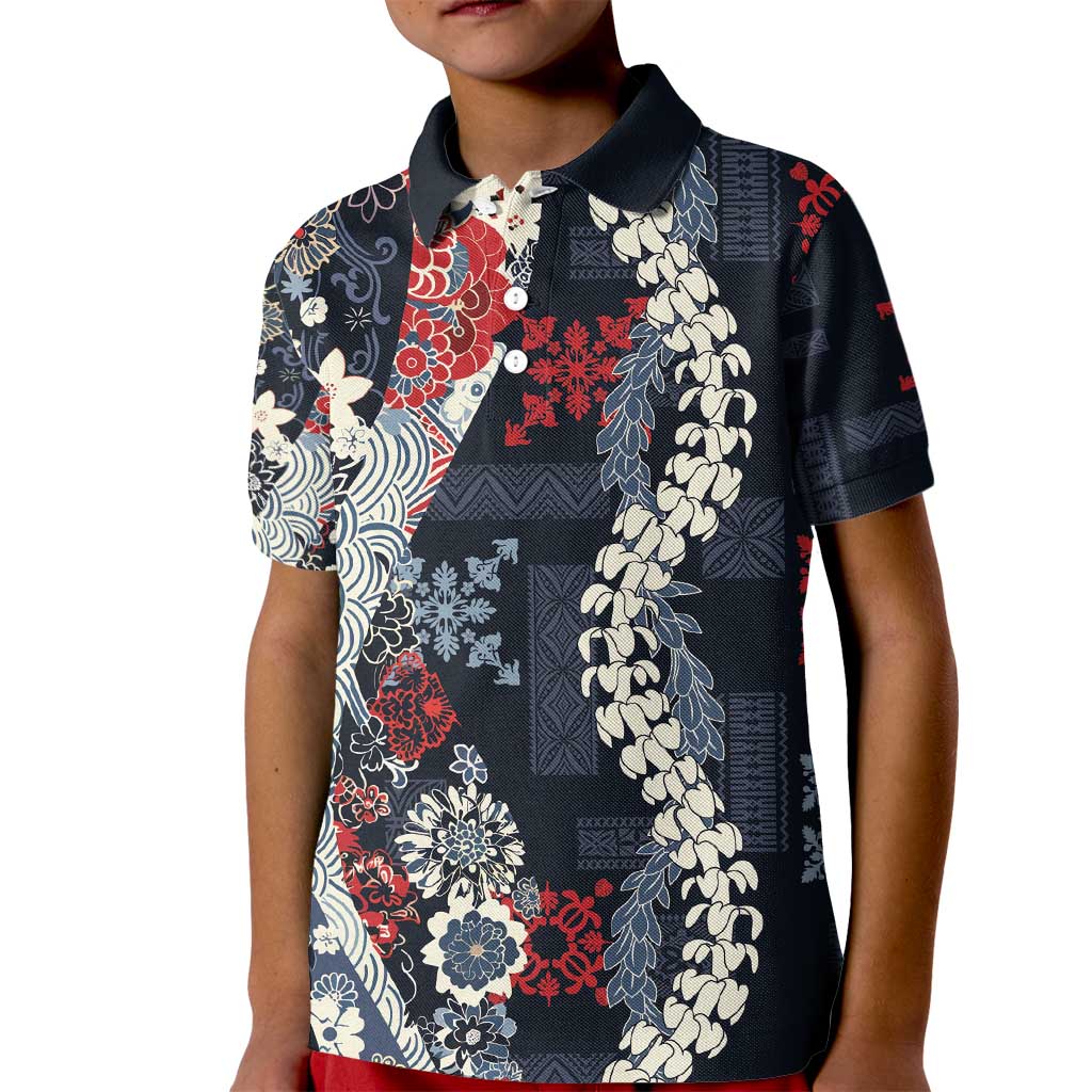 Hawaii Puakenikeni and Maile Lei Kid Polo Shirt Navy Blue Japanese Wave Style - Polynesian Pride