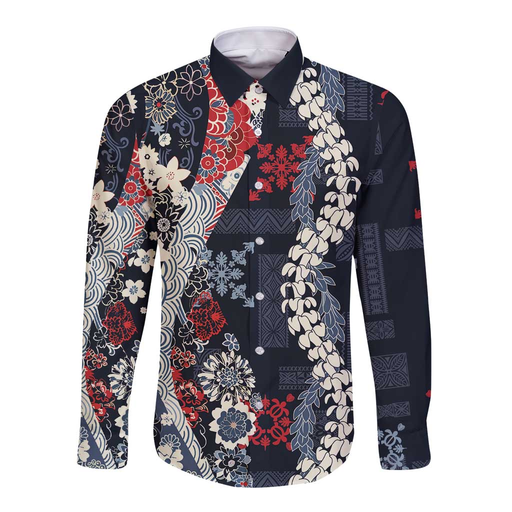 Hawaii Puakenikeni and Maile Lei Long Sleeve Button Shirt Navy Blue Japanese Wave Style - Polynesian Pride