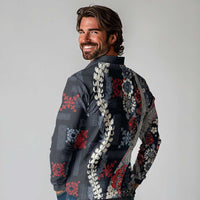 Hawaii Puakenikeni and Maile Lei Long Sleeve Polo Shirt Navy Blue Japanese Wave Style - Polynesian Pride