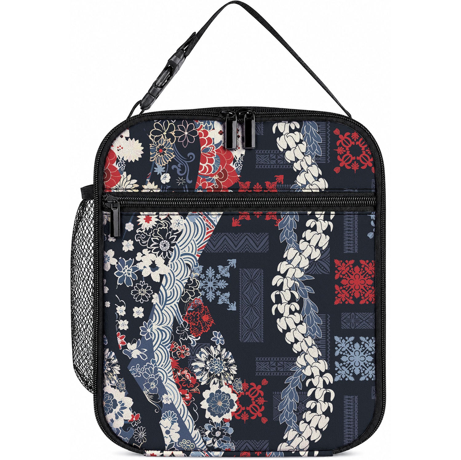 Hawaii Puakenikeni and Maile Lei Lunch Bag Navy Blue Japanese Wave Style LT9 10.2 × 8.3 × 4.3 inch Navy Blue - Polynesian Pride