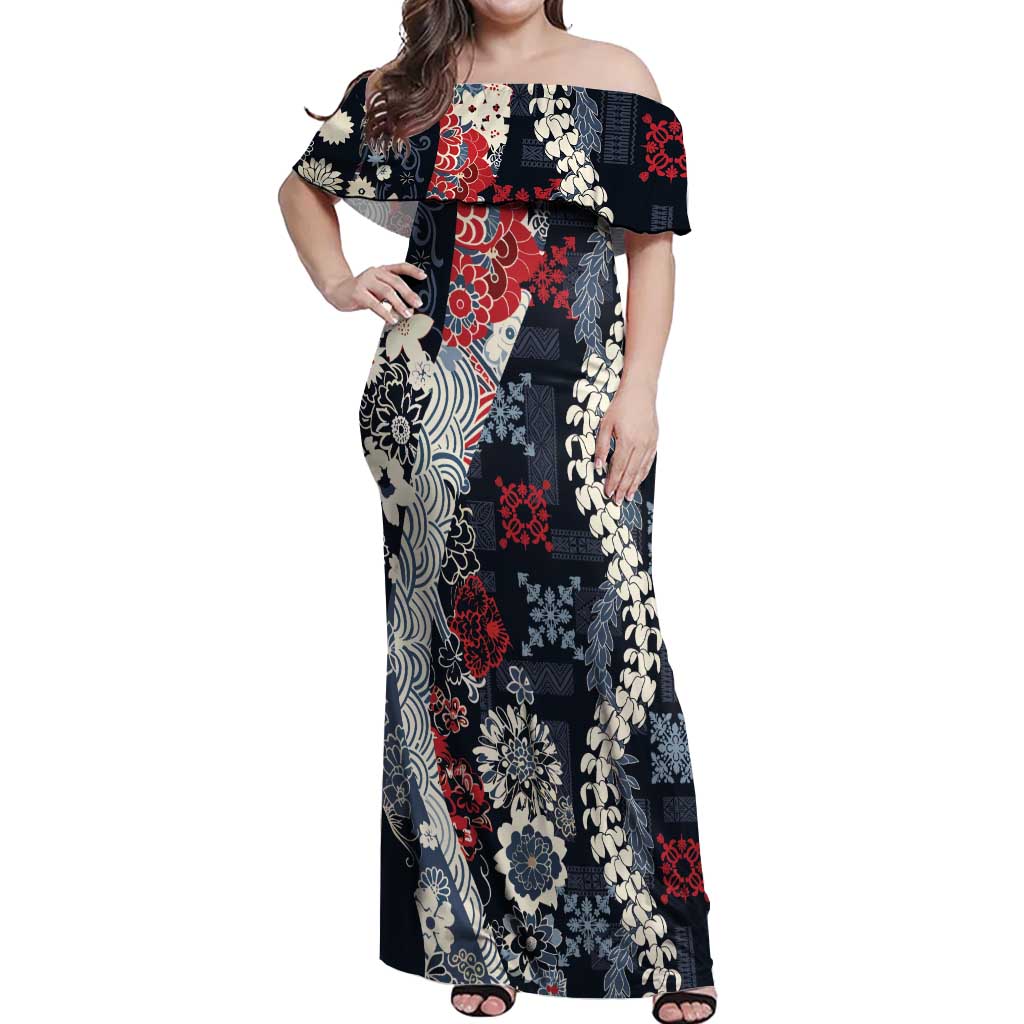 Hawaii Puakenikeni and Maile Lei Off Shoulder Maxi Dress Navy Blue Japanese Wave Style - Polynesian Pride