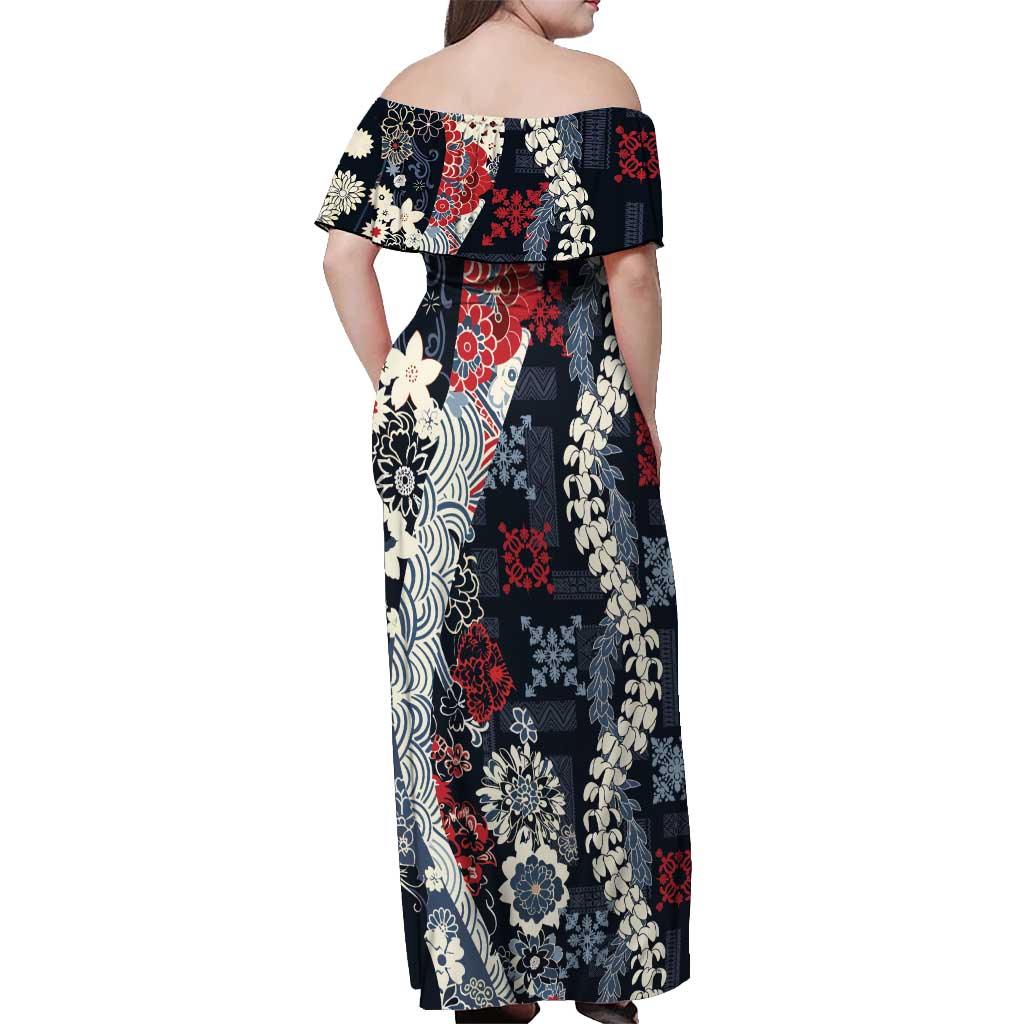 Hawaii Puakenikeni and Maile Lei Off Shoulder Maxi Dress Navy Blue Japanese Wave Style - Polynesian Pride