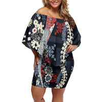 Hawaii Puakenikeni and Maile Lei Off Shoulder Short Dress Navy Blue Japanese Wave Style - Polynesian Pride