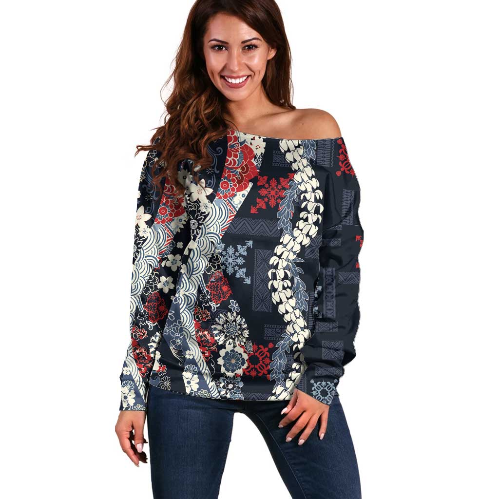 Hawaii Puakenikeni and Maile Lei Off Shoulder Sweater Navy Blue Japanese Wave Style - Polynesian Pride