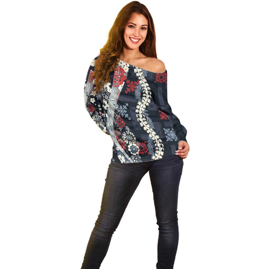 Hawaii Puakenikeni and Maile Lei Off Shoulder Sweater Navy Blue Japanese Wave Style - Polynesian Pride