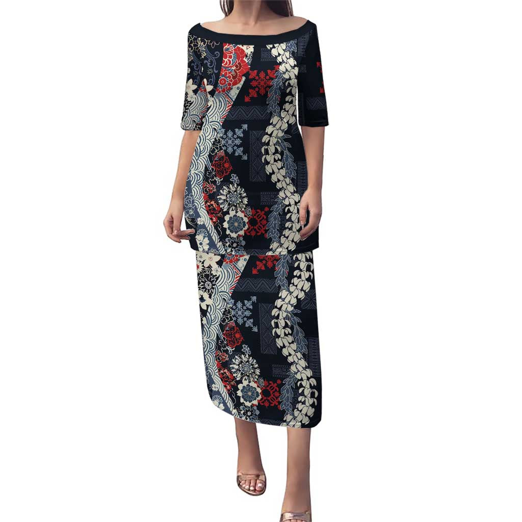 Hawaii Puakenikeni and Maile Lei Puletasi Navy Blue Japanese Wave Style - Polynesian Pride