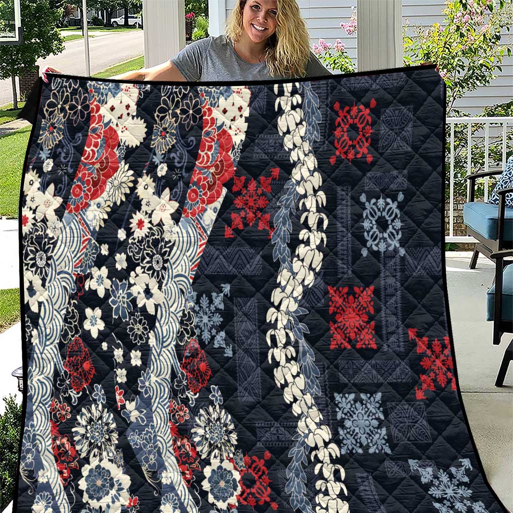 Hawaii Puakenikeni and Maile Lei Quilt Navy Blue Japanese Wave Style - Polynesian Pride