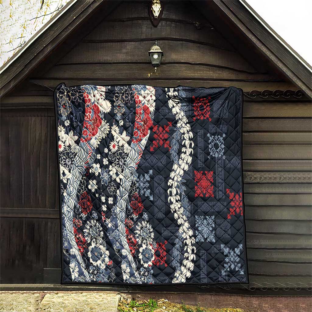 Hawaii Puakenikeni and Maile Lei Quilt Navy Blue Japanese Wave Style - Polynesian Pride
