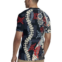 Hawaii Puakenikeni and Maile Lei Rugby Jersey Navy Blue Japanese Wave Style - Polynesian Pride