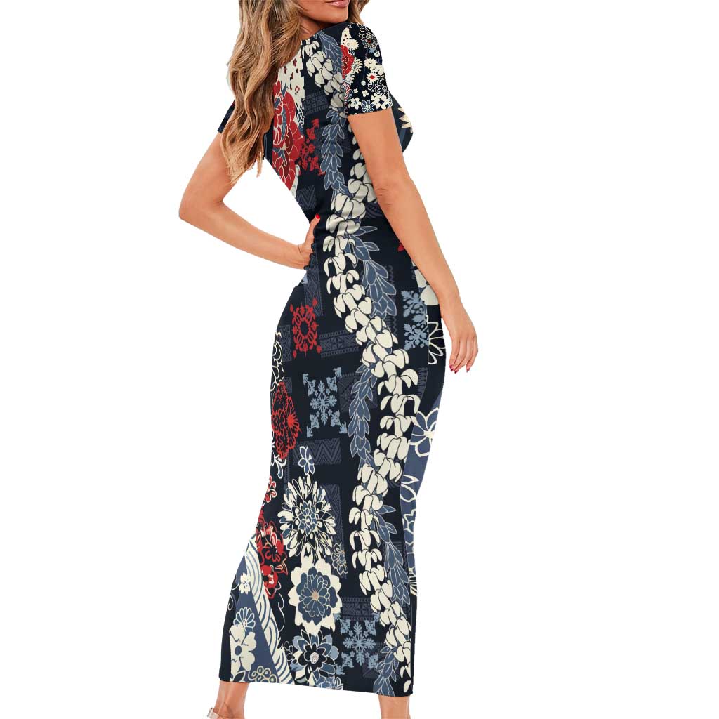 Hawaii Puakenikeni and Maile Lei Short Sleeve Bodycon Dress Navy Blue Japanese Wave Style - Polynesian Pride