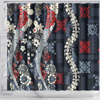 Hawaii Puakenikeni and Maile Lei Shower Curtain Navy Blue Japanese Wave Style - Polynesian Pride