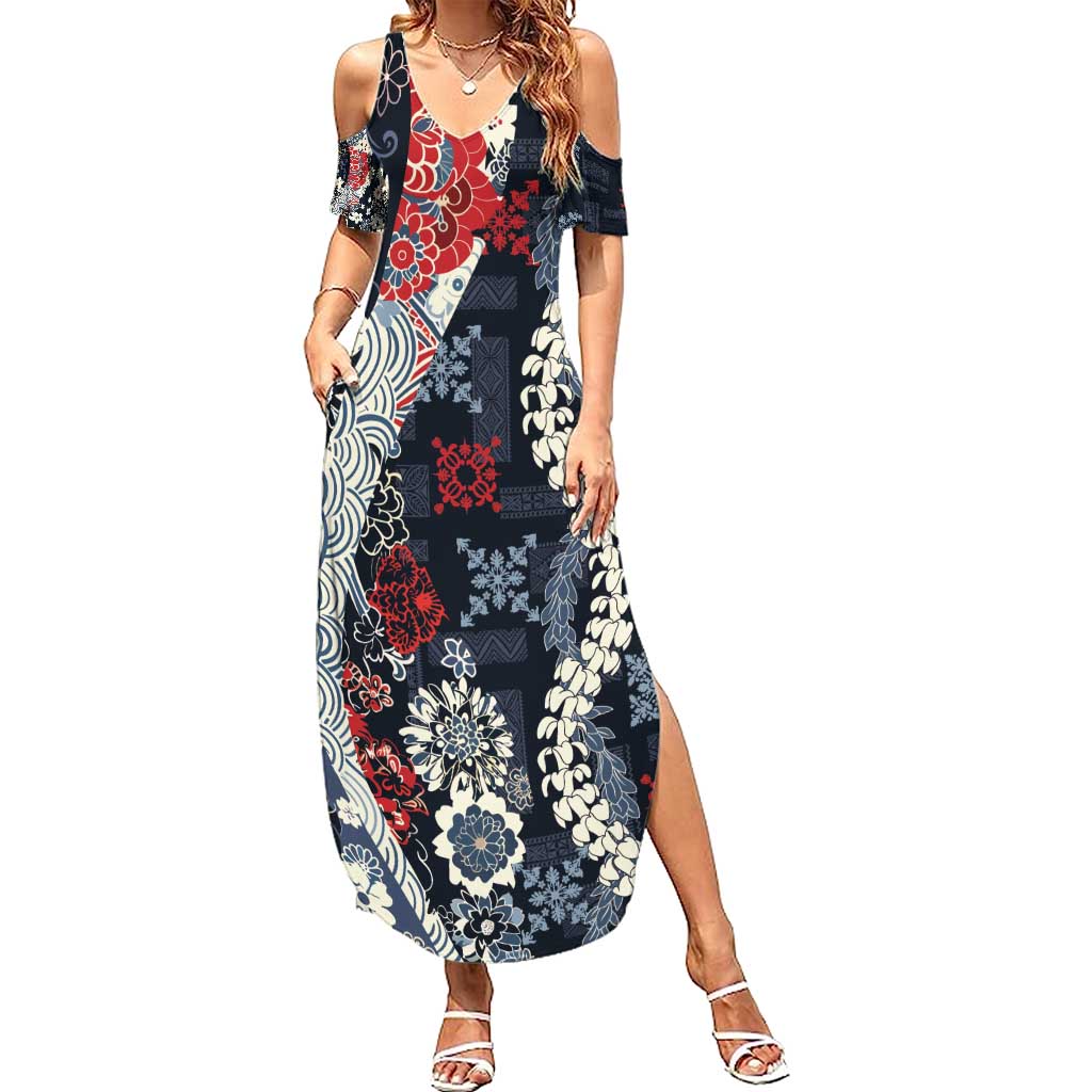 Hawaii Puakenikeni and Maile Lei Summer Maxi Dress Navy Blue Japanese Wave Style - Polynesian Pride