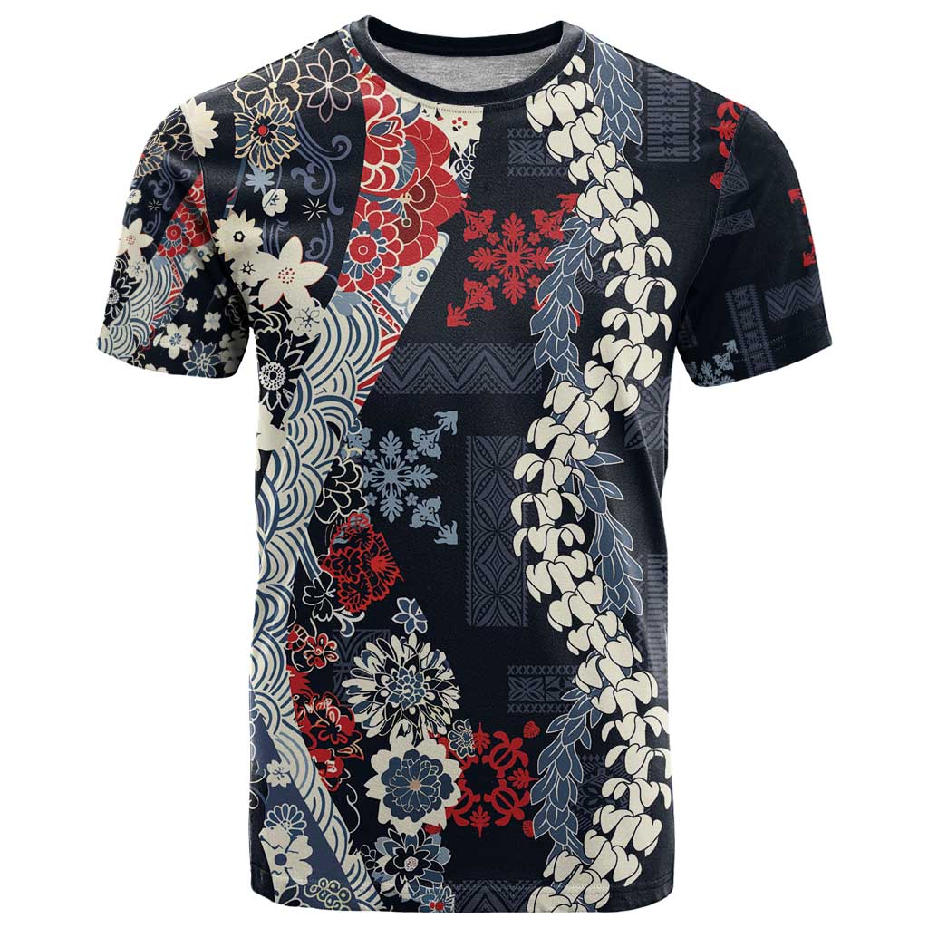 Hawaii Puakenikeni and Maile Lei T Shirt Navy Blue Japanese Wave Style - Polynesian Pride