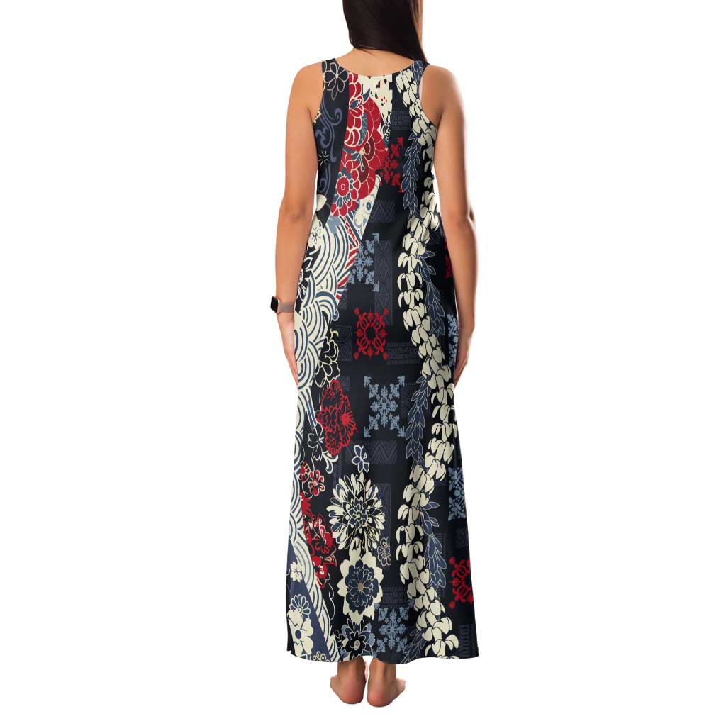 Hawaii Puakenikeni and Maile Lei Tank Maxi Dress Navy Blue Japanese Wave Style - Polynesian Pride