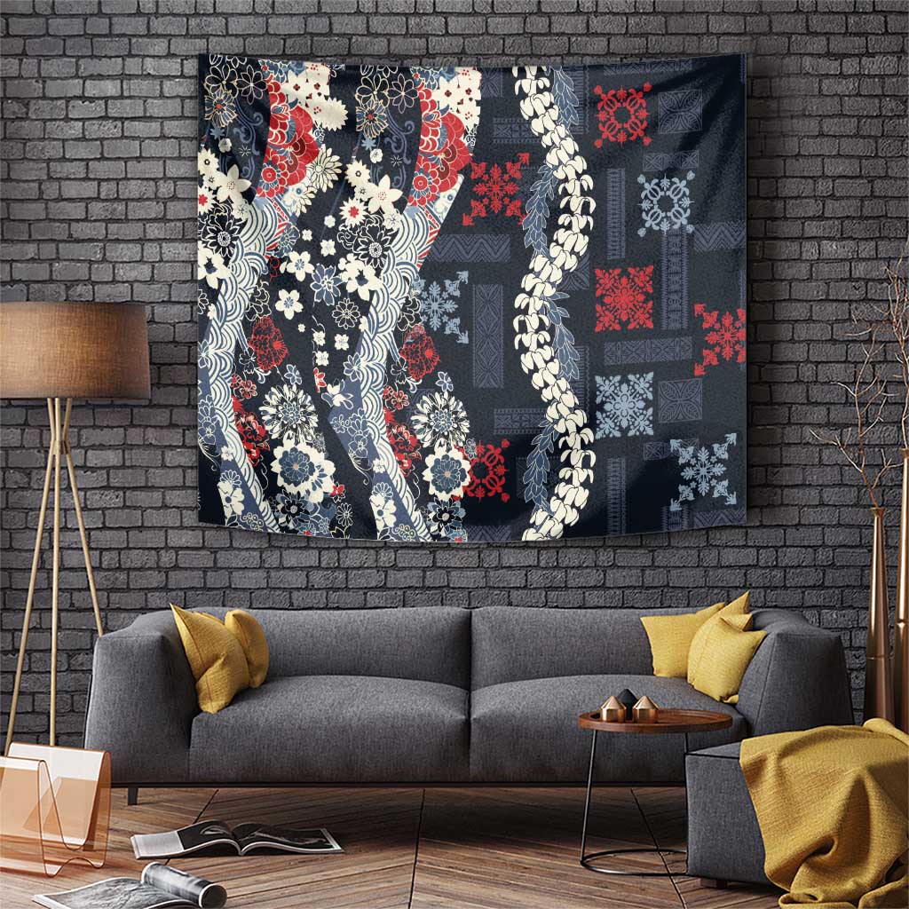 Hawaii Puakenikeni and Maile Lei Tapestry Navy Blue Japanese Wave Style - Polynesian Pride