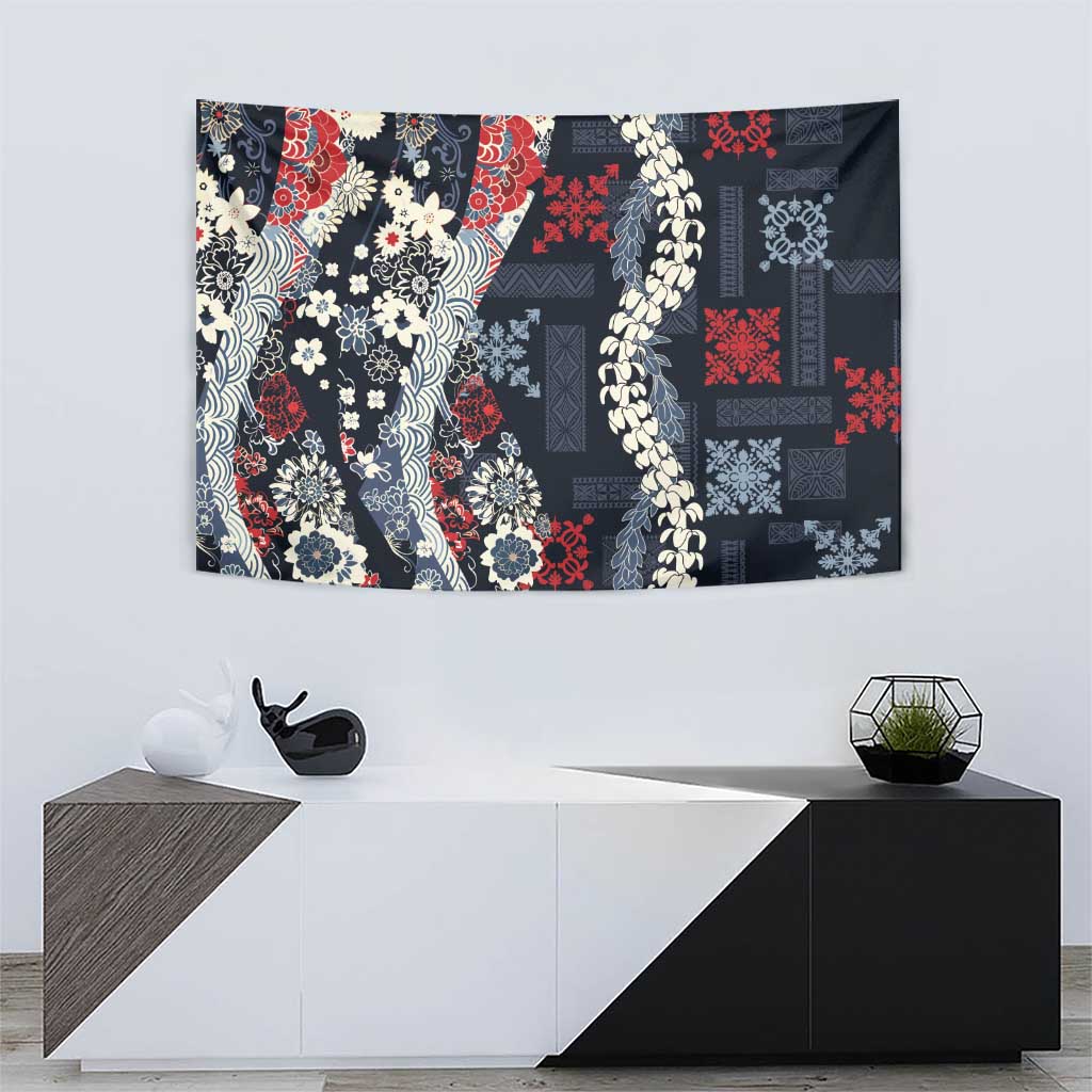 Hawaii Puakenikeni and Maile Lei Tapestry Navy Blue Japanese Wave Style - Polynesian Pride
