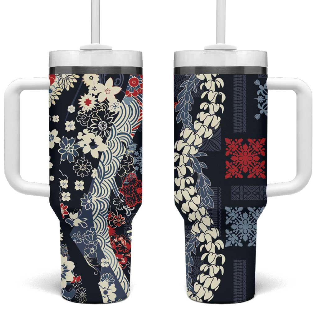 Hawaii Puakenikeni and Maile Lei Tumbler With Handle Navy Blue Japanese Wave Style - Polynesian Pride