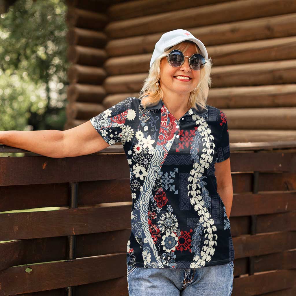 Hawaii Puakenikeni and Maile Lei Women Polo Shirt Navy Blue Japanese Wave Style - Polynesian Pride