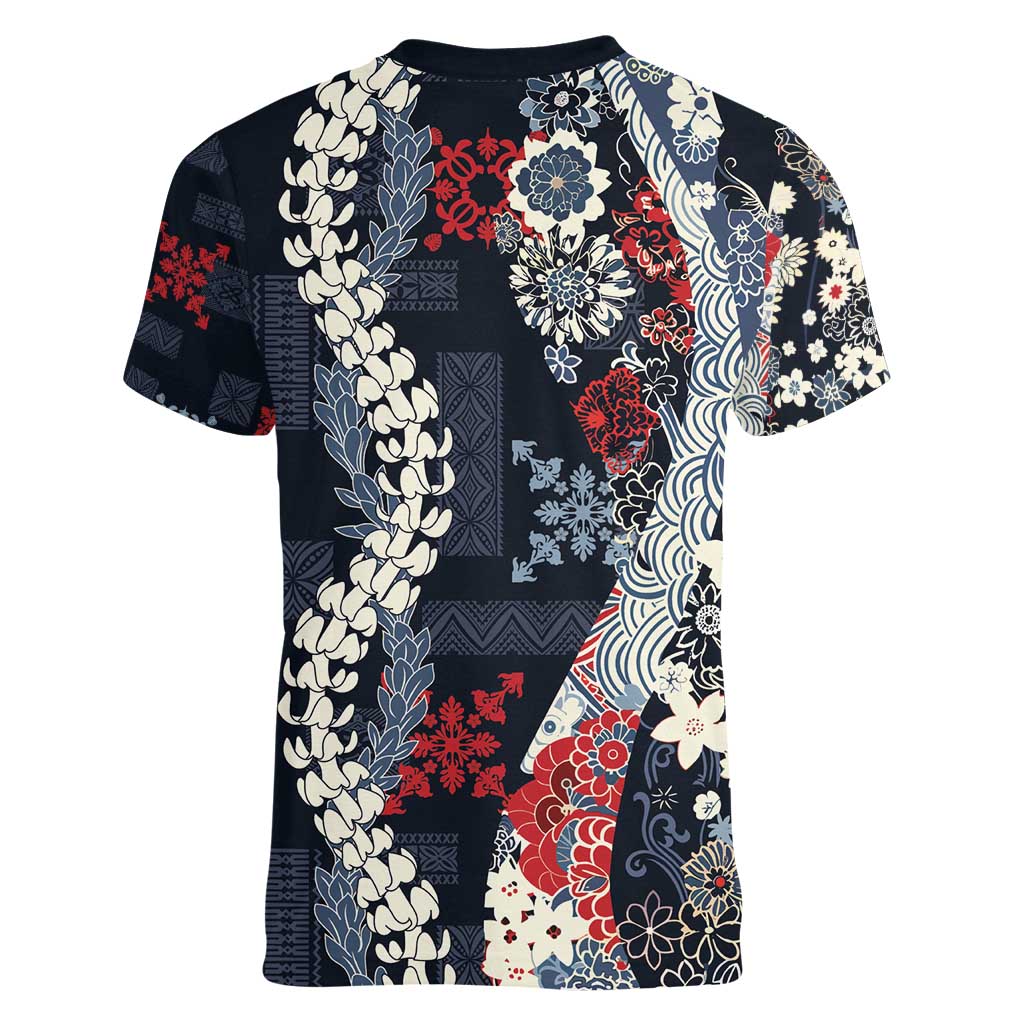 Hawaii Puakenikeni and Maile Lei Women V-Neck T-Shirt Navy Blue Japanese Wave Style LT9 - Polynesian Pride