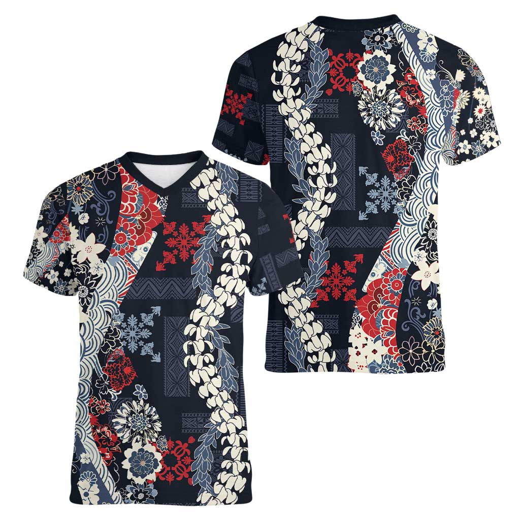 Hawaii Puakenikeni and Maile Lei Women V-Neck T-Shirt Navy Blue Japanese Wave Style LT9 - Polynesian Pride