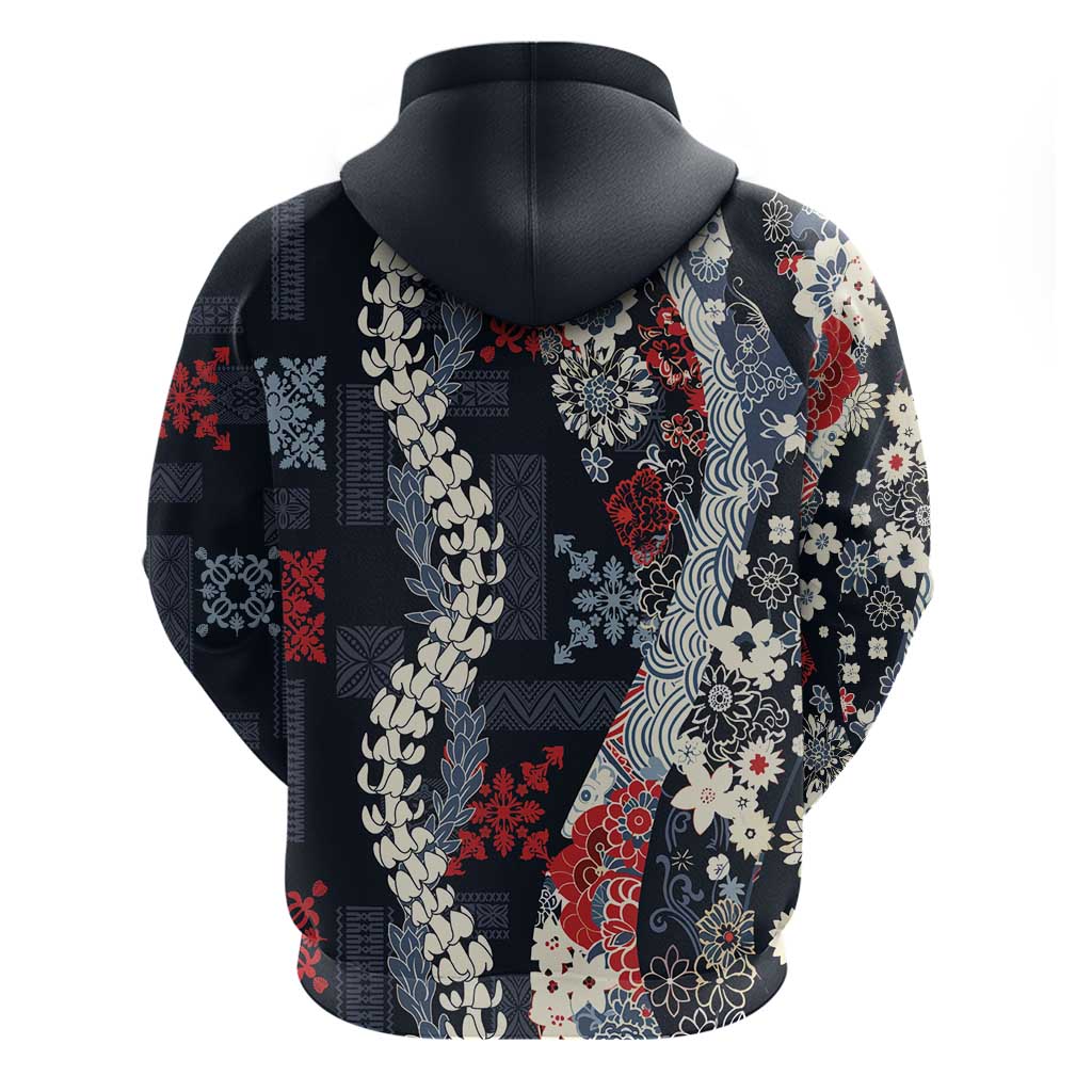 Hawaii Puakenikeni and Maile Lei Zip Hoodie Navy Blue Japanese Wave Style - Polynesian Pride