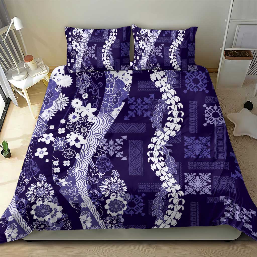 Hawaii Puakenikeni and Maile Lei Bedding Set Purple Japanese Wave Style - Polynesian Pride
