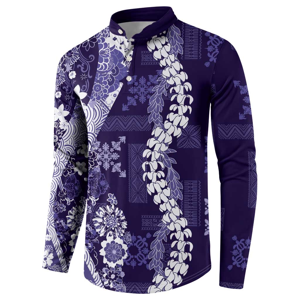 Hawaii Puakenikeni and Maile Lei Button Sweatshirt Purple Japanese Wave Style - Polynesian Pride