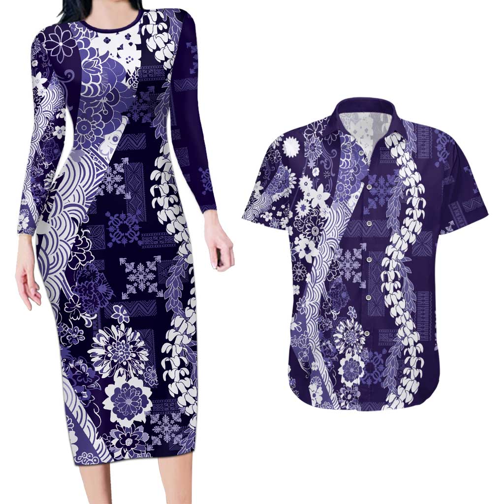 Hawaii Puakenikeni and Maile Lei Couples Matching Long Sleeve Bodycon Dress and Hawaiian Shirt Purple Japanese Wave Style - Polynesian Pride