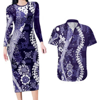 Hawaii Puakenikeni and Maile Lei Couples Matching Long Sleeve Bodycon Dress and Hawaiian Shirt Purple Japanese Wave Style - Polynesian Pride