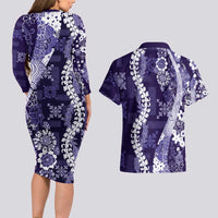 Hawaii Puakenikeni and Maile Lei Couples Matching Long Sleeve Bodycon Dress and Hawaiian Shirt Purple Japanese Wave Style - Polynesian Pride