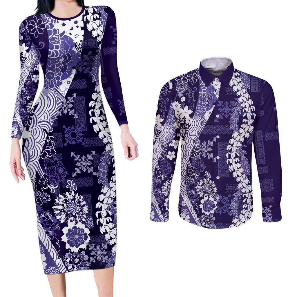 Hawaii Puakenikeni and Maile Lei Couples Matching Long Sleeve Bodycon Dress and Long Sleeve Button Shirt Purple Japanese Wave Style - Polynesian Pride