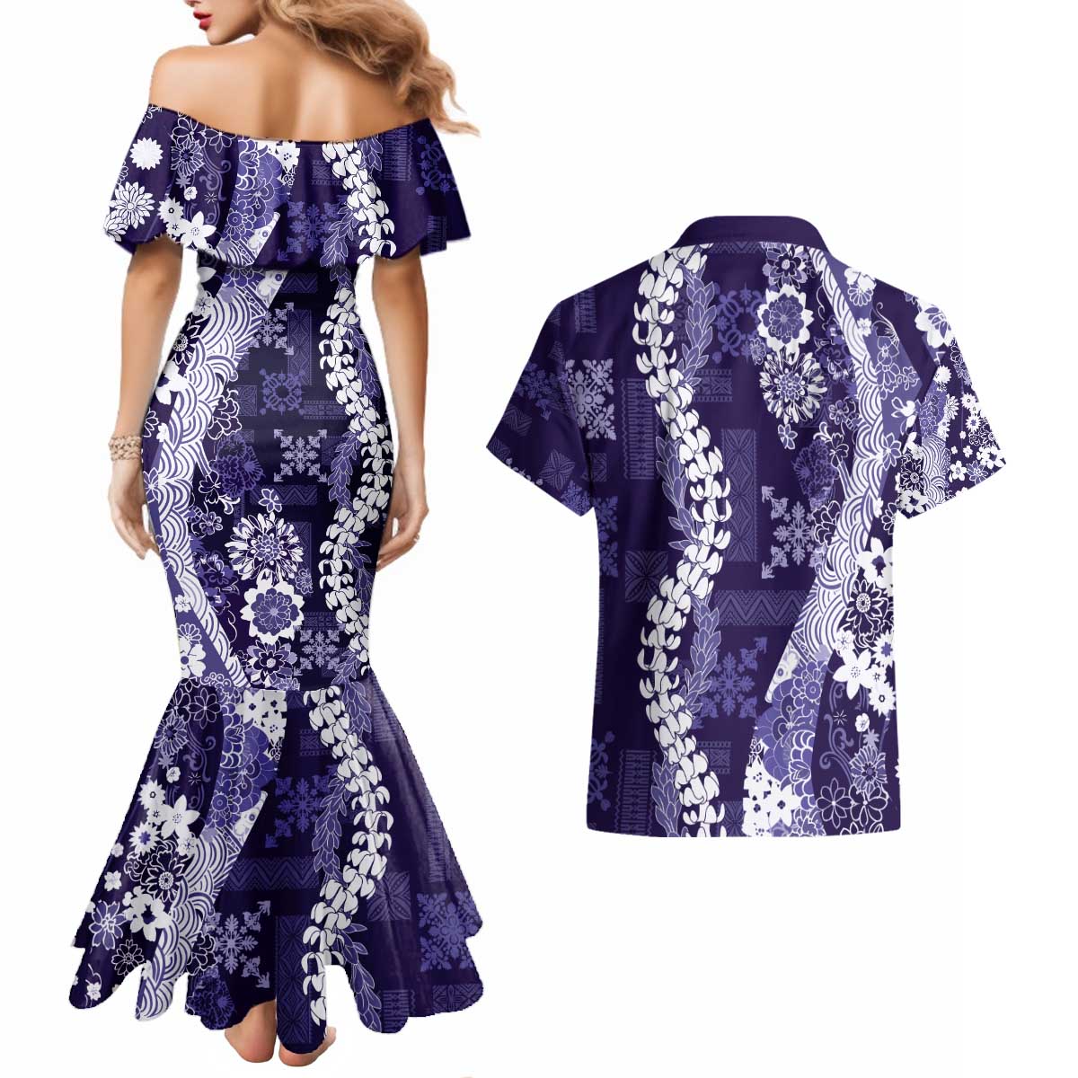 Hawaii Puakenikeni and Maile Lei Couples Matching Mermaid Dress and Hawaiian Shirt Purple Japanese Wave Style - Polynesian Pride