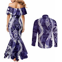 Hawaii Puakenikeni and Maile Lei Couples Matching Mermaid Dress and Long Sleeve Button Shirt Purple Japanese Wave Style - Polynesian Pride