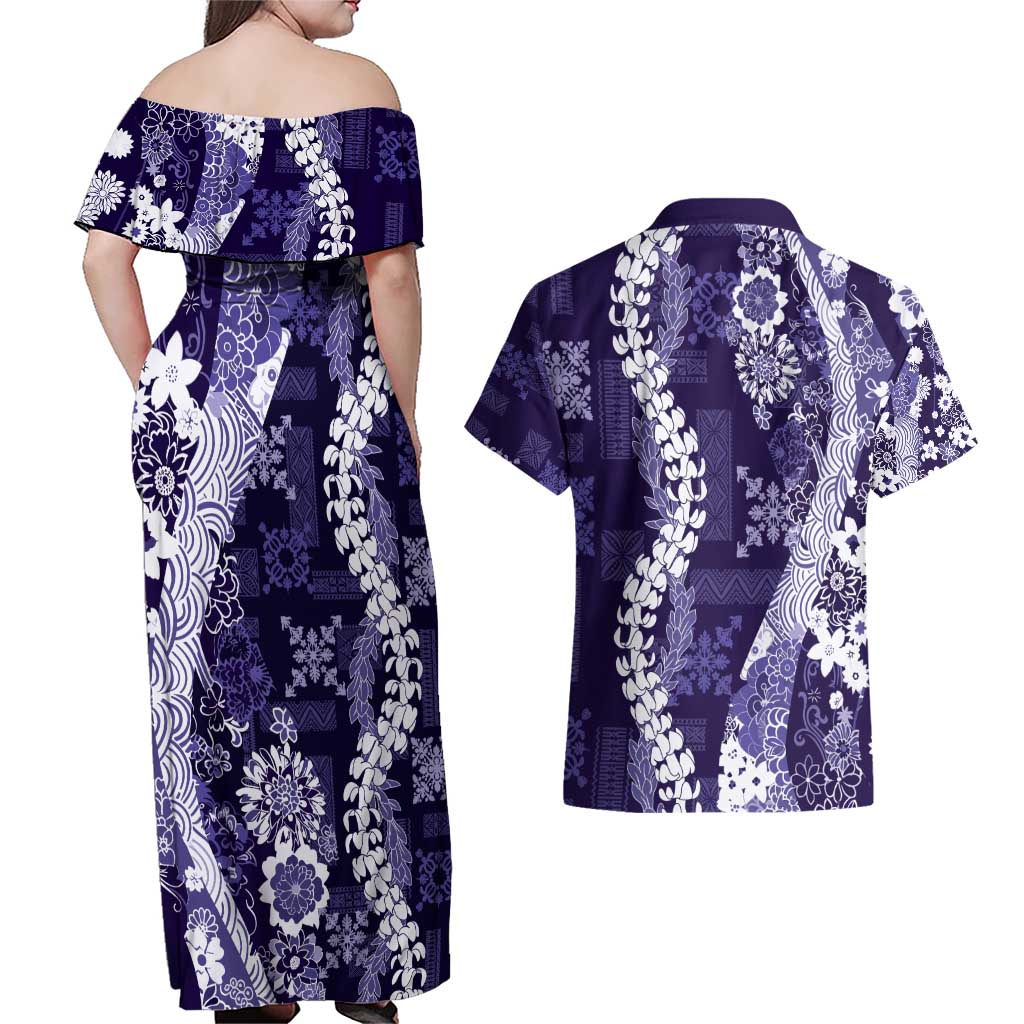 Hawaii Puakenikeni and Maile Lei Couples Matching Off Shoulder Maxi Dress and Hawaiian Shirt Purple Japanese Wave Style - Polynesian Pride