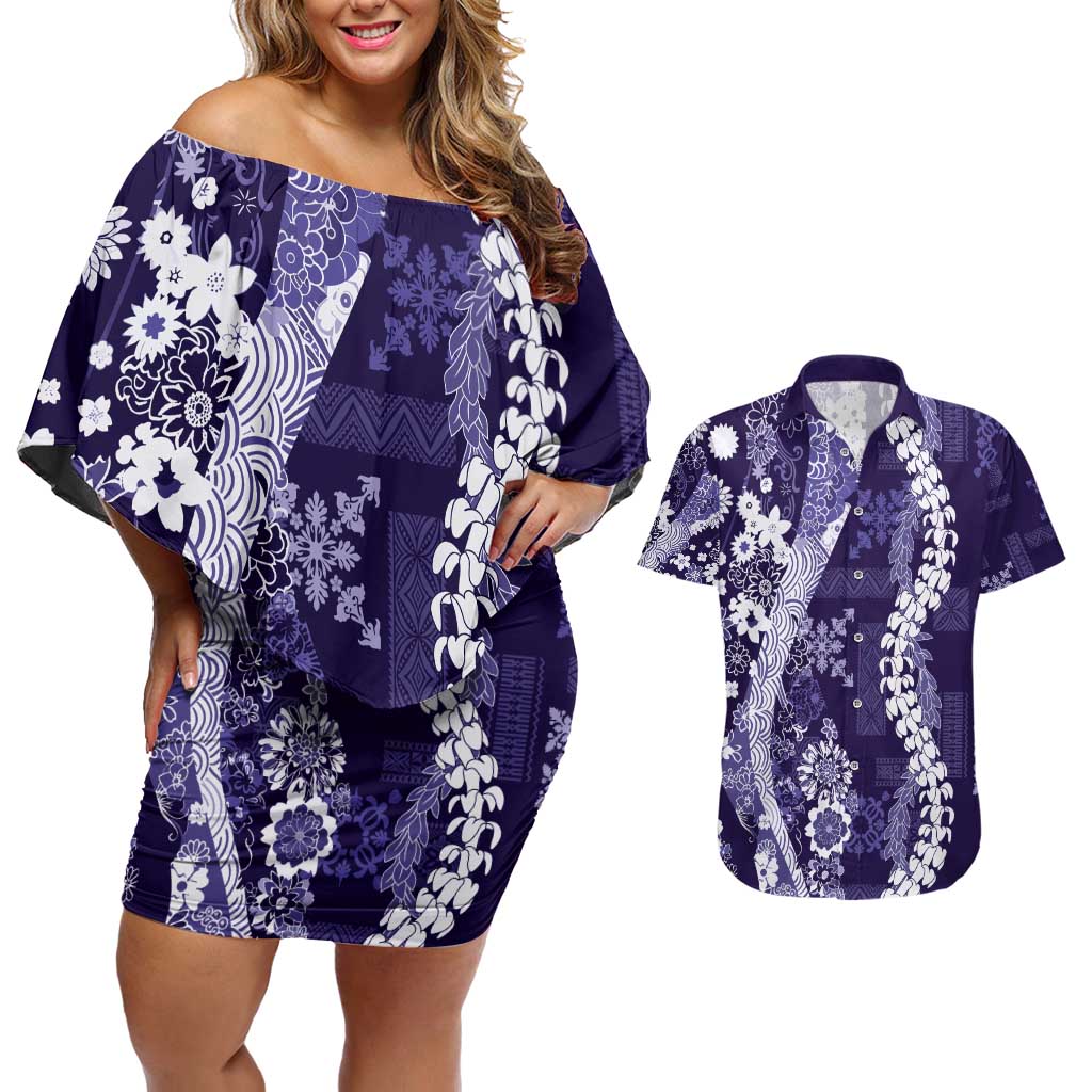 Hawaii Puakenikeni and Maile Lei Couples Matching Off Shoulder Short Dress and Hawaiian Shirt Purple Japanese Wave Style - Polynesian Pride