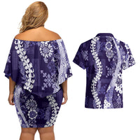 Hawaii Puakenikeni and Maile Lei Couples Matching Off Shoulder Short Dress and Hawaiian Shirt Purple Japanese Wave Style - Polynesian Pride