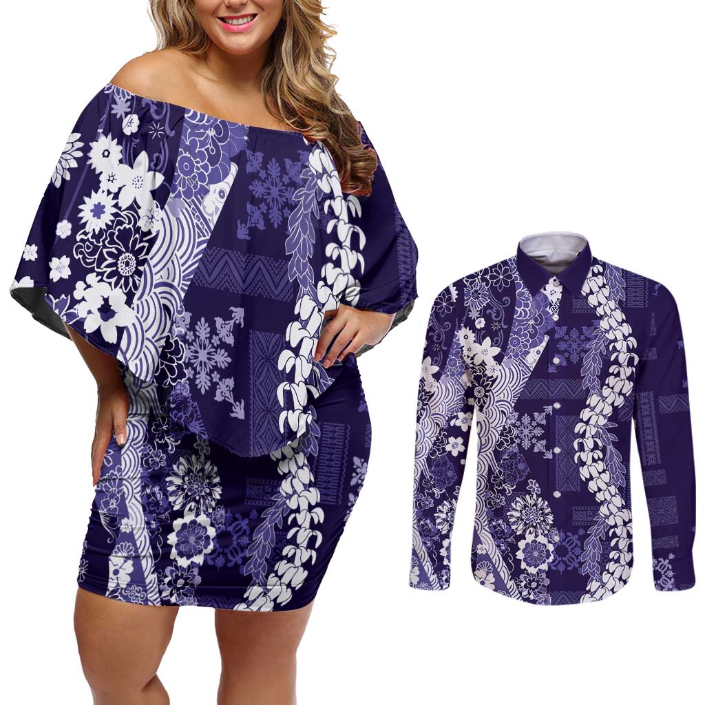 Hawaii Puakenikeni and Maile Lei Couples Matching Off Shoulder Short Dress and Long Sleeve Button Shirt Purple Japanese Wave Style - Polynesian Pride