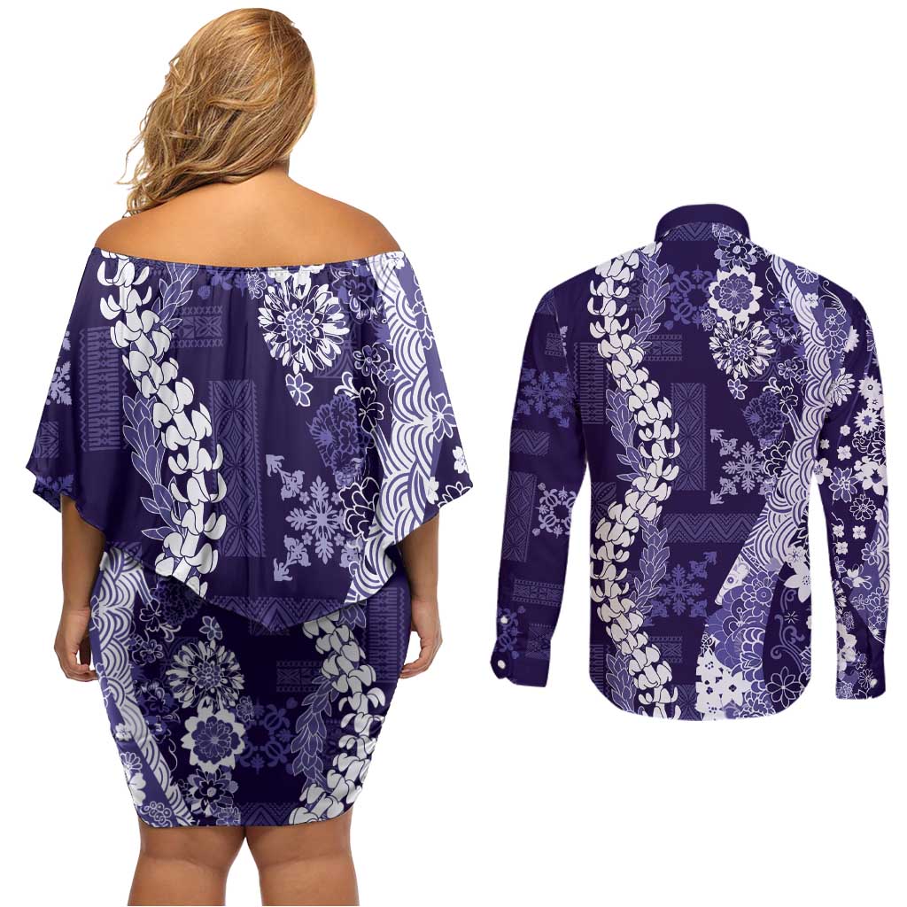 Hawaii Puakenikeni and Maile Lei Couples Matching Off Shoulder Short Dress and Long Sleeve Button Shirt Purple Japanese Wave Style - Polynesian Pride