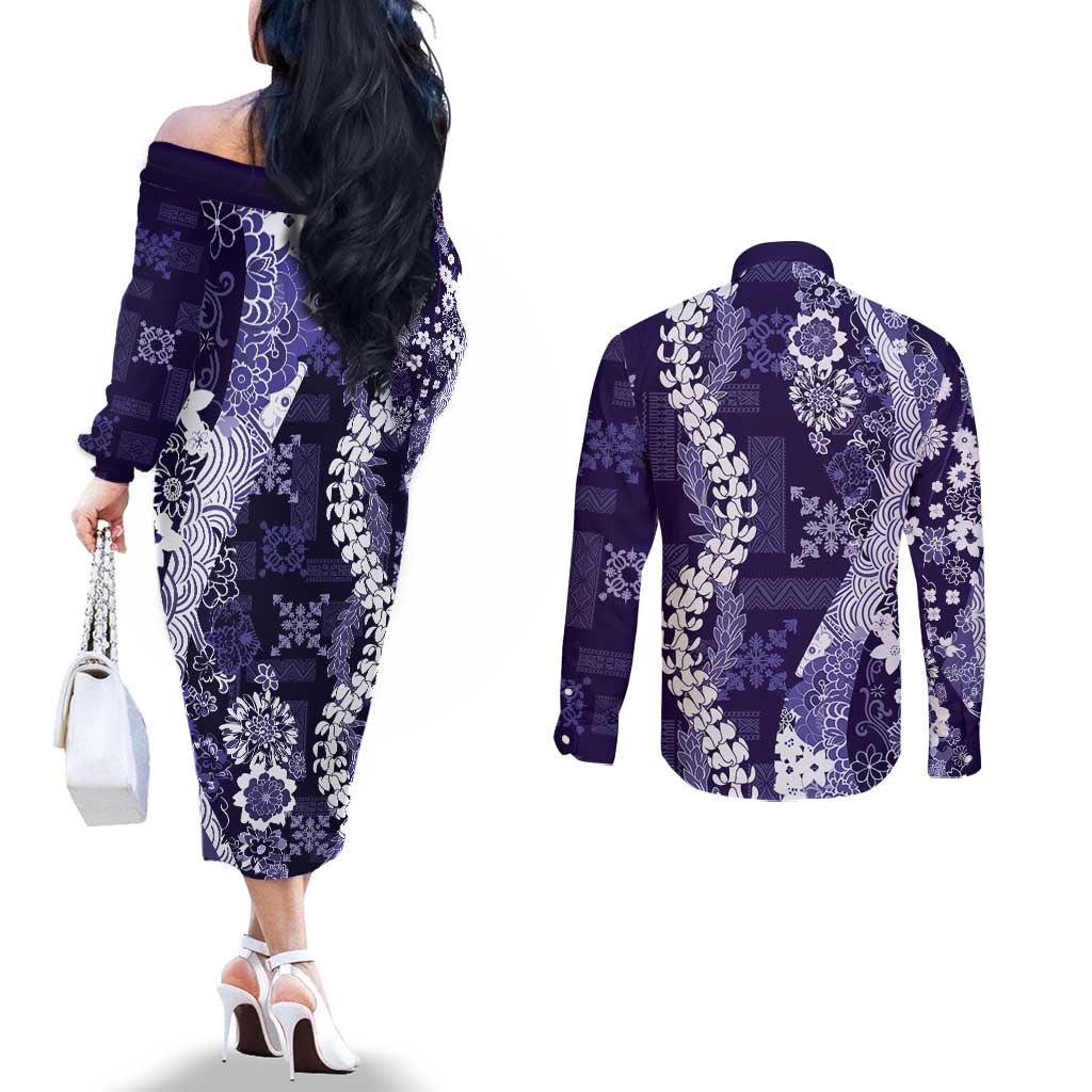 Hawaii Puakenikeni and Maile Lei Couples Matching Off The Shoulder Long Sleeve Dress and Long Sleeve Button Shirt Purple Japanese Wave Style - Polynesian Pride