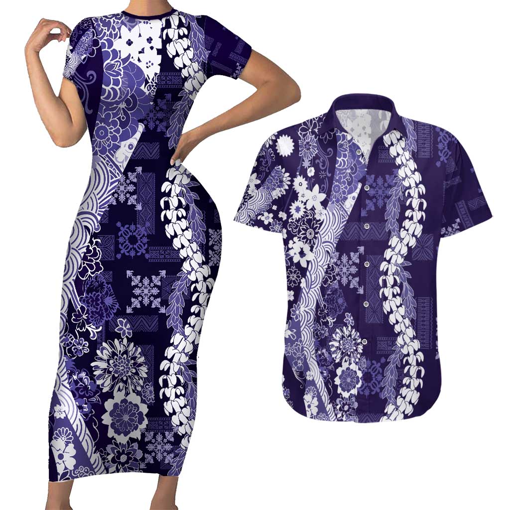Hawaii Puakenikeni and Maile Lei Couples Matching Short Sleeve Bodycon Dress and Hawaiian Shirt Purple Japanese Wave Style - Polynesian Pride